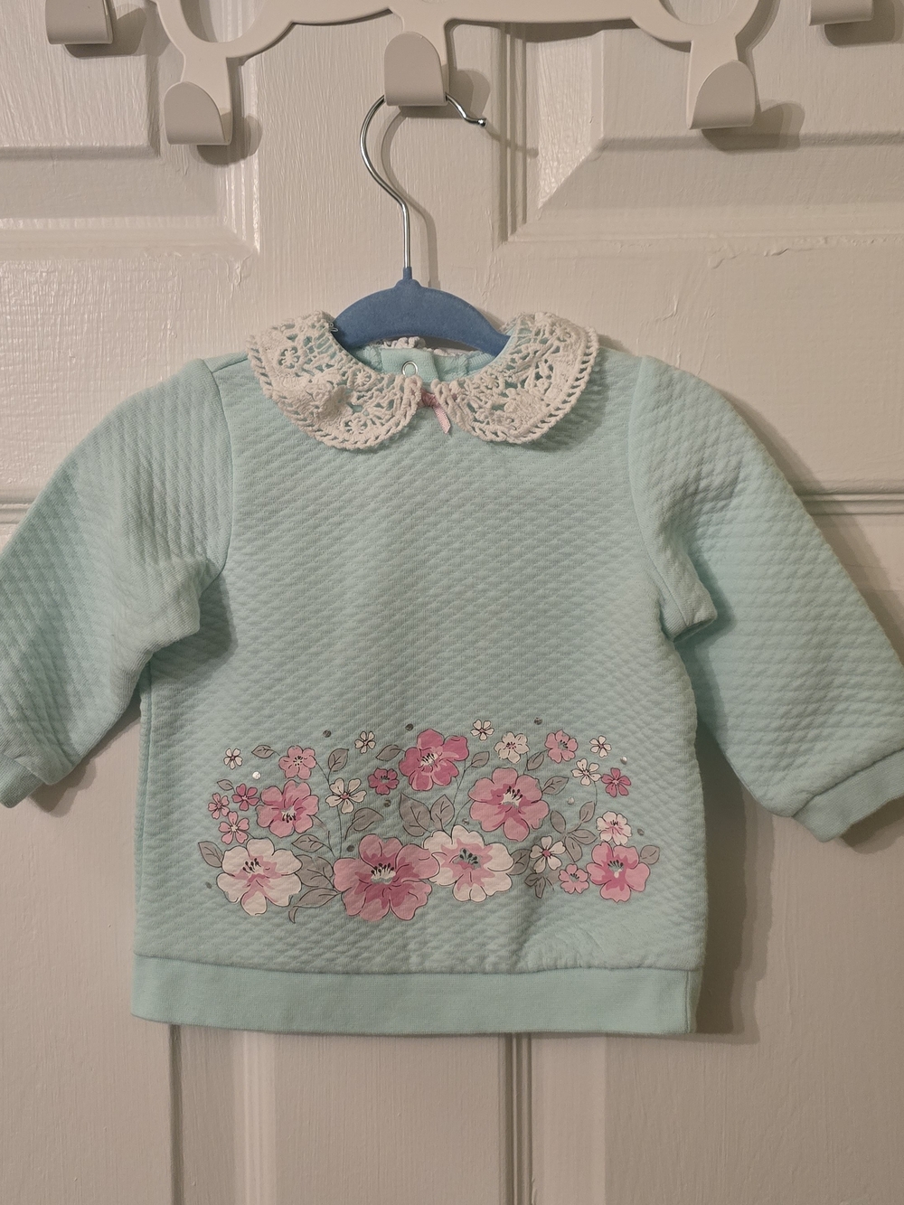 Little Me Mint Quilted Sweatshirt with Pink Floral Print & Lace Collar